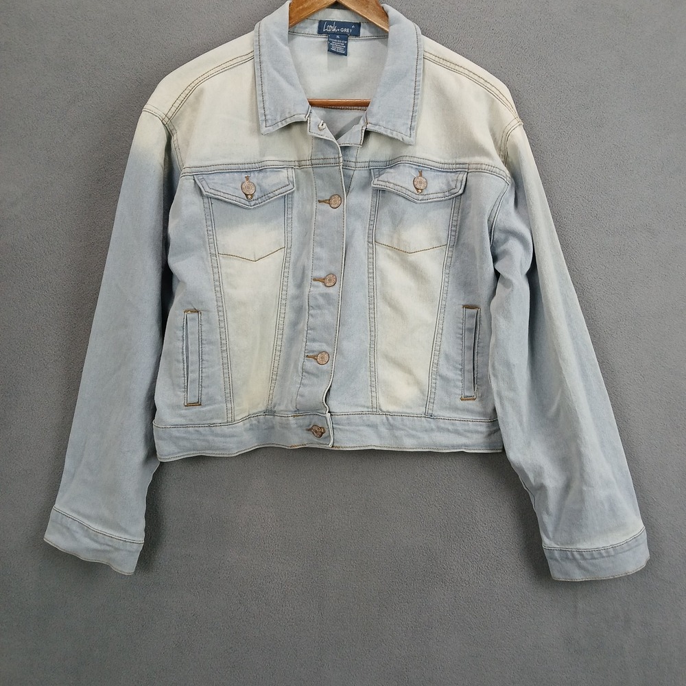 Lark + Grey Trucker Jacket Womens XL Light Blue Denim Cotton Button Front Winter